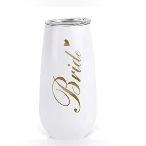 BRIDE Travel Insulated Champagne Flute or Sippy Cup with Lid. White + Gold. NEW